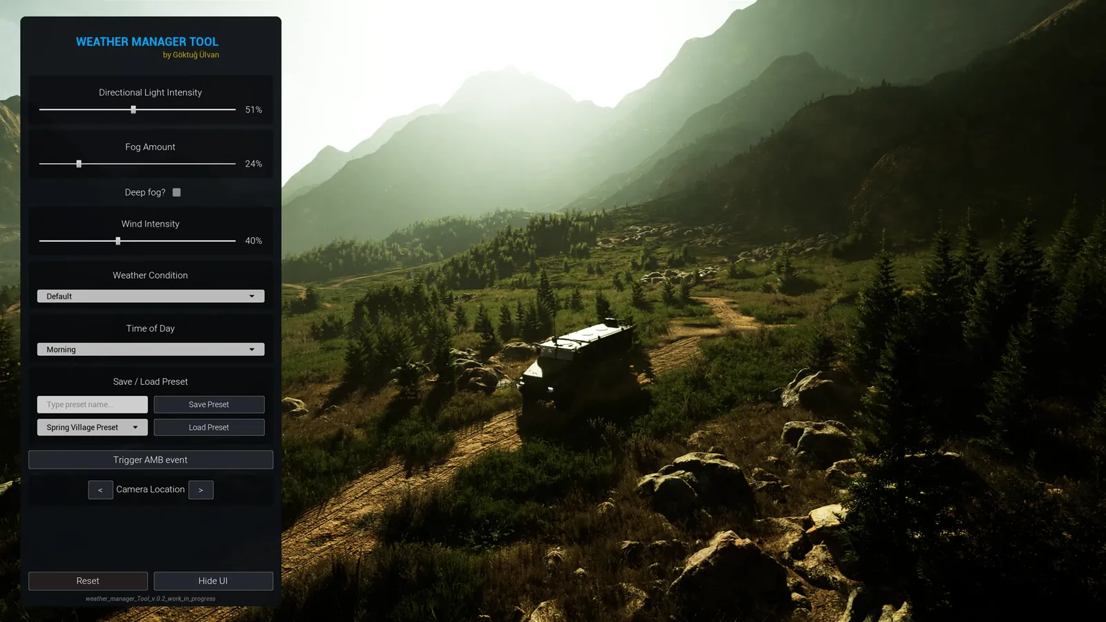 Custom in-engine weather and time-of-day tool